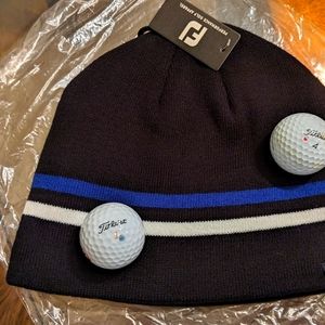 FootJoy Men's Beanie NWT Black with white and blue stripes fleece lined